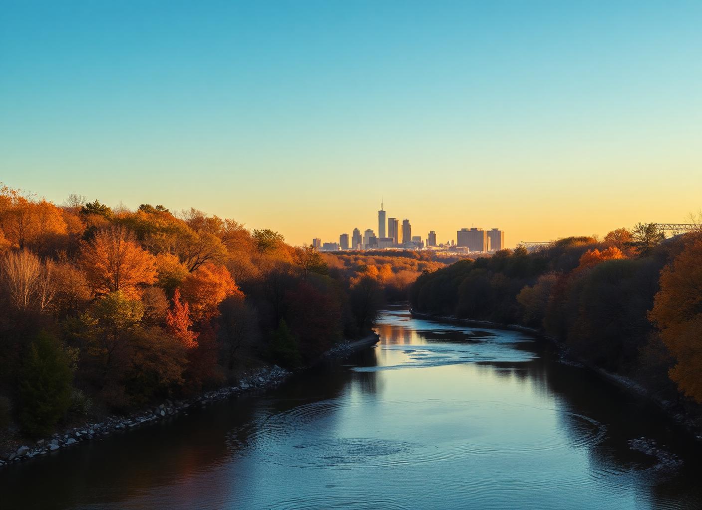 The Rock River winding through Rockford with autumn foliage and the downtown skyline at golden hour